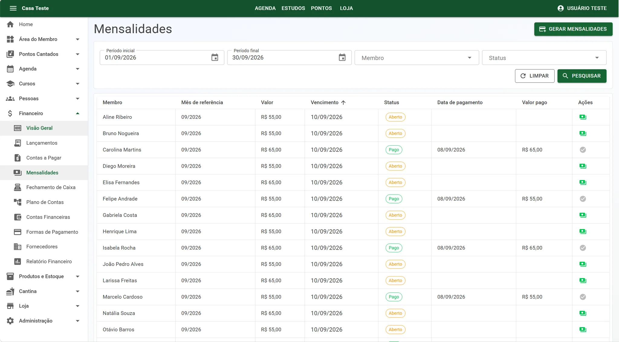 Tela de mensalidades com filtros, situação de pagamento e lista de membros.